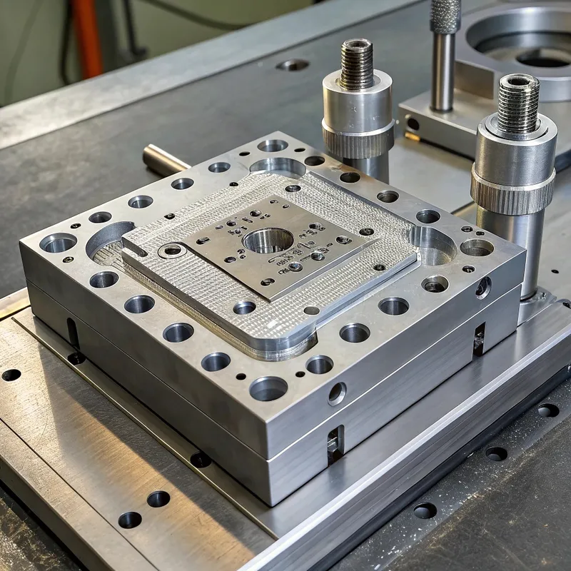 Eine Nahaufnahme einer präzisionsgefertigten Metallform, die bei der Herstellung verwendet wird und verschiedene Löcher und Beschläge zeigt.