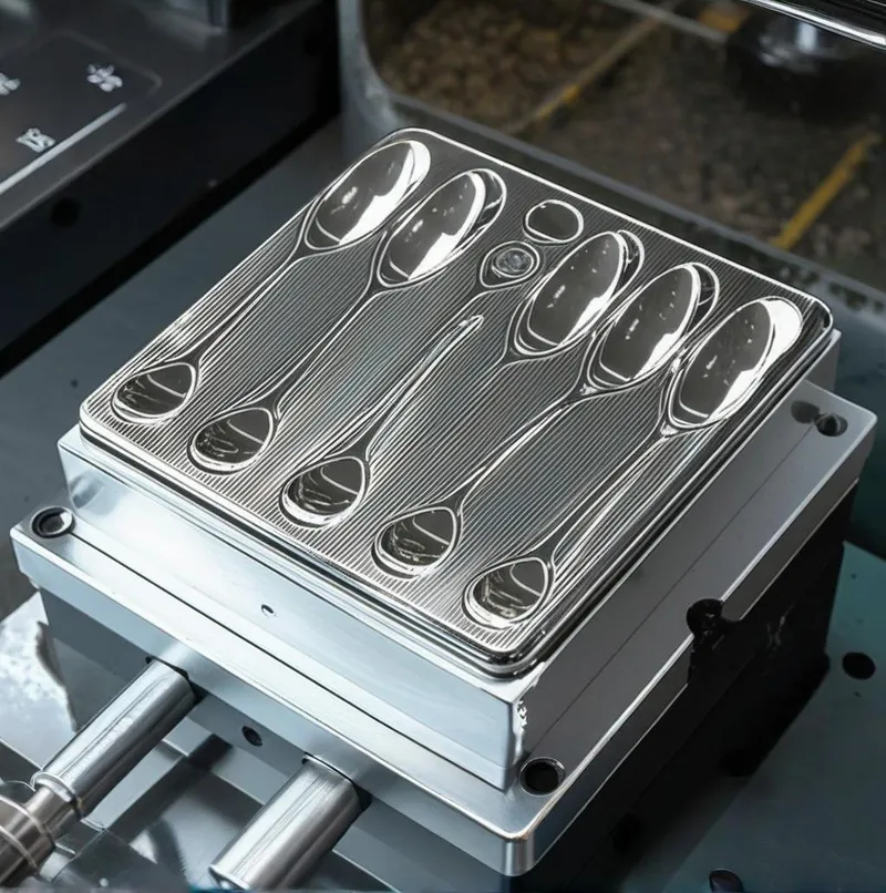 A metal mold with patterns for creating multiple spoons on a milling machine.