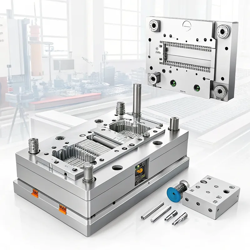 A collection of metal components for a stamping mold displayed in a workshop setting.