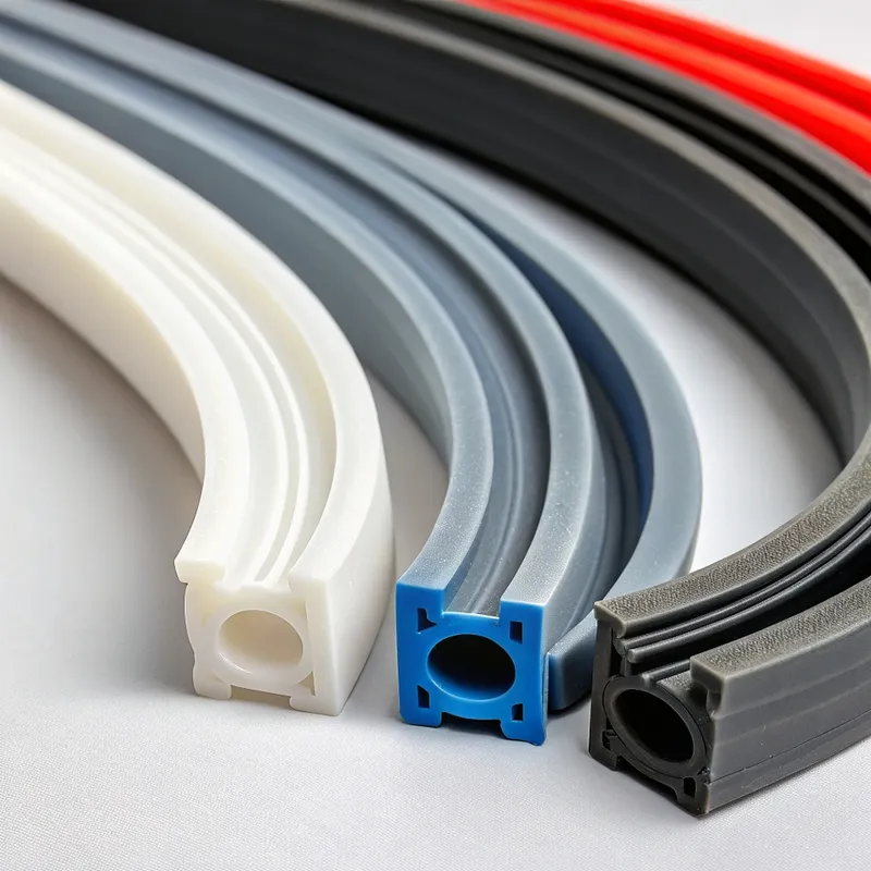 Curved rubber profiles in various colors including white, blue, gray, and black.