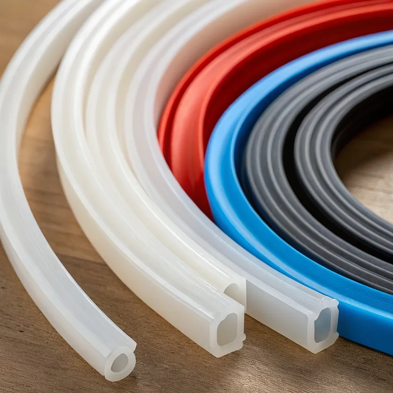 Several colored plastic tubing, including white, red, blue, and black, resting on a wooden surface.