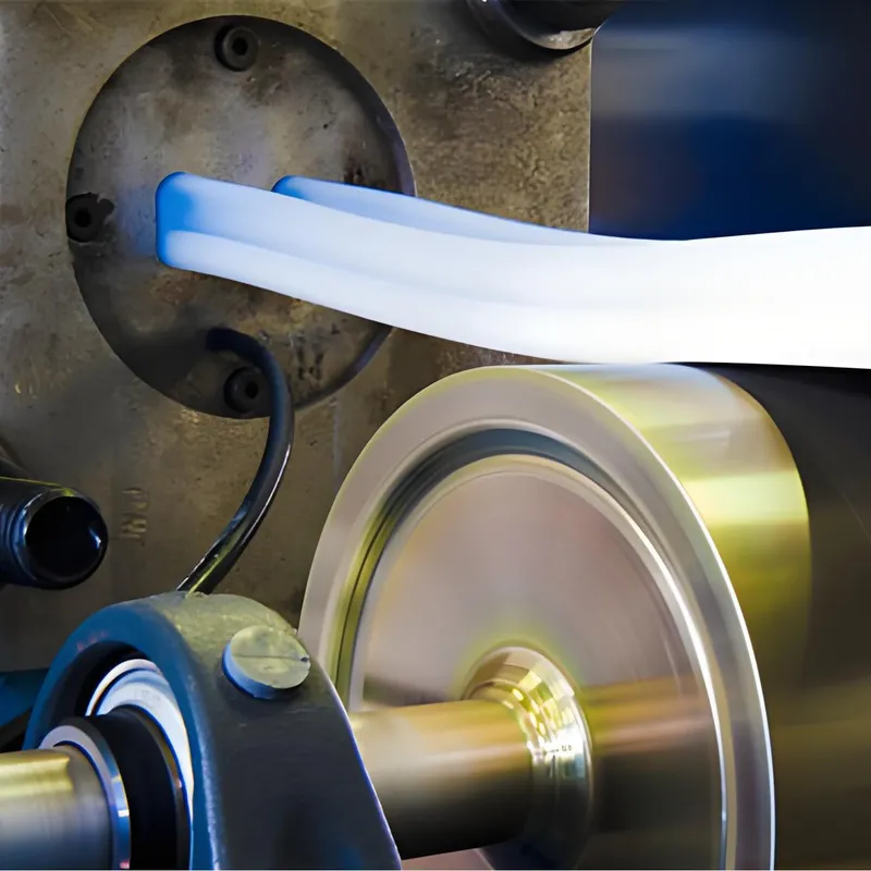 Close-up of a machine performing an extrusion process with blue and white material.