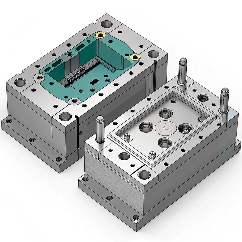 Two parts of an injection mold, showing the intricate design and holes for positioning.