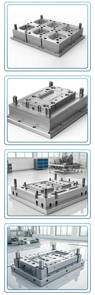 Series of images showing different views of an industrial injection mold in a manufacturing setting.
