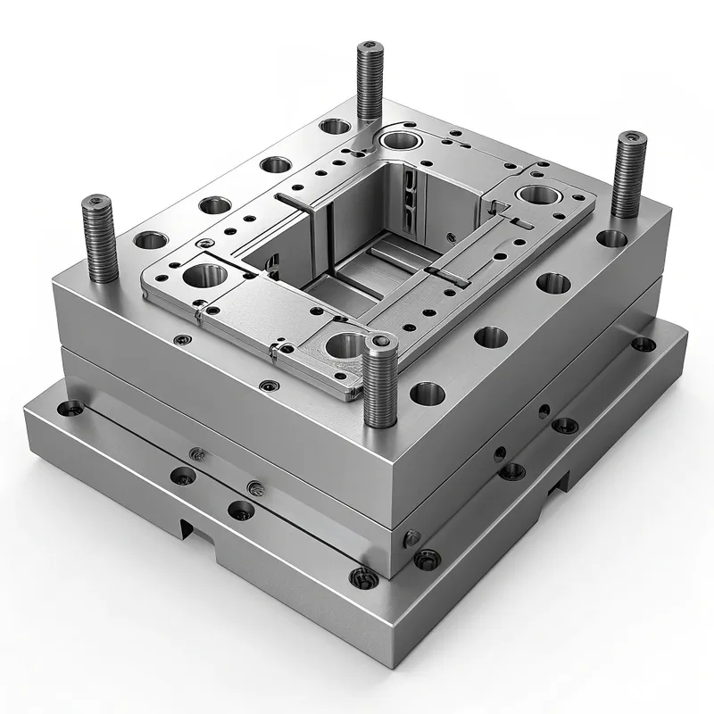 A metallic injection mold used in manufacturing, featuring precise cutouts and bolt holes, stacked with multiple layers.
