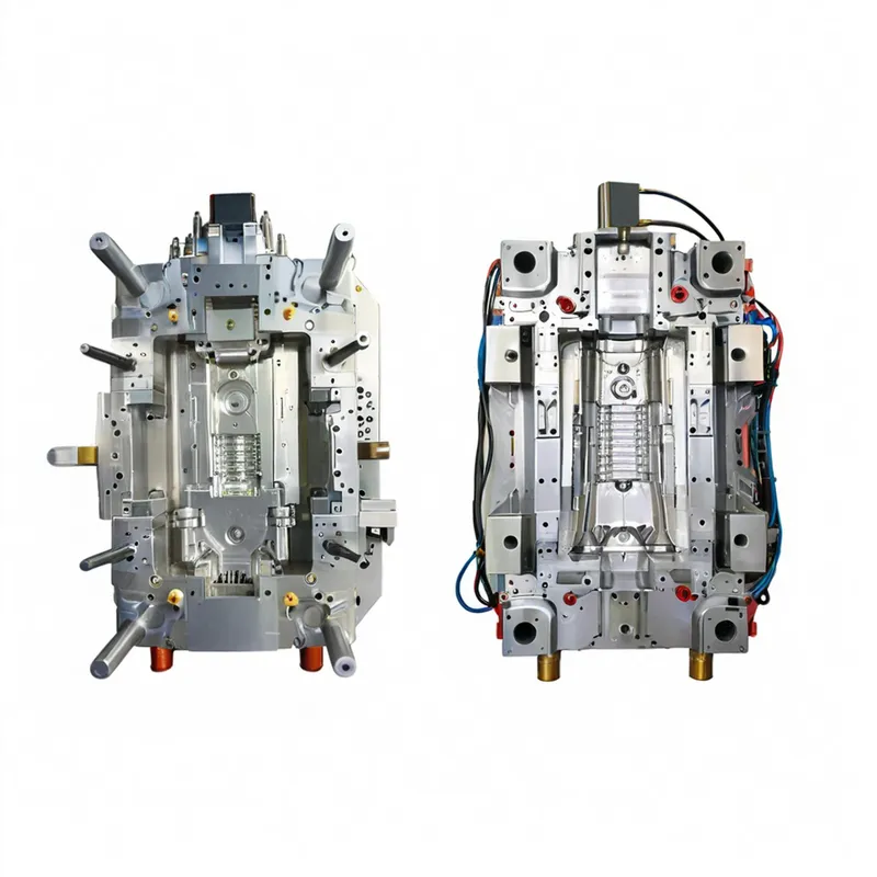 Two complex metal injection molds on a white background.