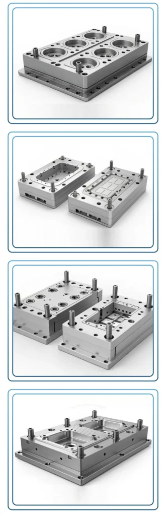 Various views of metal injection mould components with screws and cavities, illustrating precision engineering.