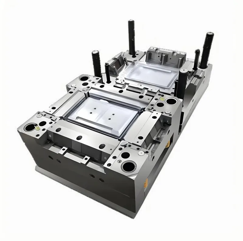 A complex metal mold used in plastic manufacturing, featuring several cavities and detailed machinery components.