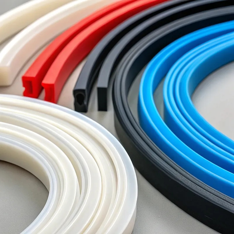 Bandes de plastique ou de caoutchouc colorées en rouge, blanc, noir et bleu, disposées en formes courbes sur une surface.