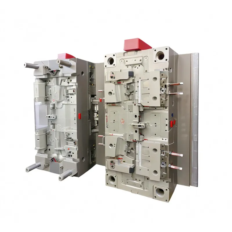 A gray plastic injection mold with red accents, showing intricate mechanical details and assembly parts.