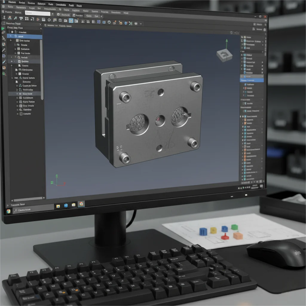검정색 키보드와 마우스가 전경에 있는 3D CAD 모델을 표시하는 컴퓨터 모니터.