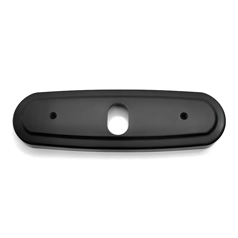 Black escutcheon plate for door handle installation with pre-drilled holes for easy attachment and secure fitting.