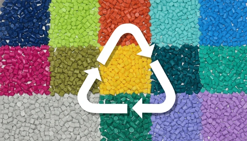 Bunte Kunststoffgranulate mit Recyclingsymbol