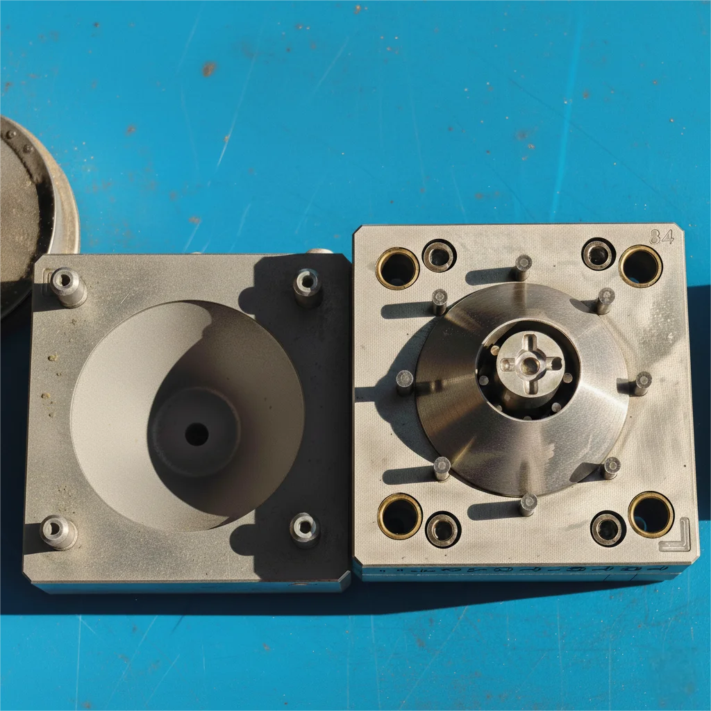 Two metal injection mold parts placed on a blue surface, highlighting precision and symmetric engineering for manufacturing uses.