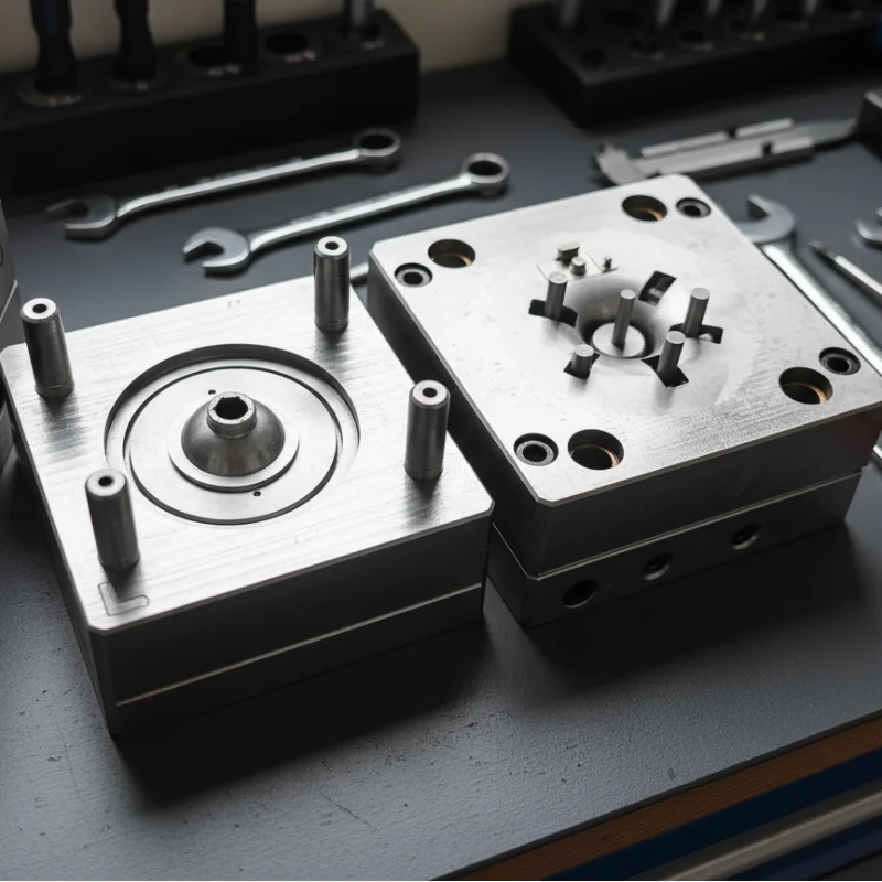 Close-up view of metal mold dies on a workbench with tools in the background.