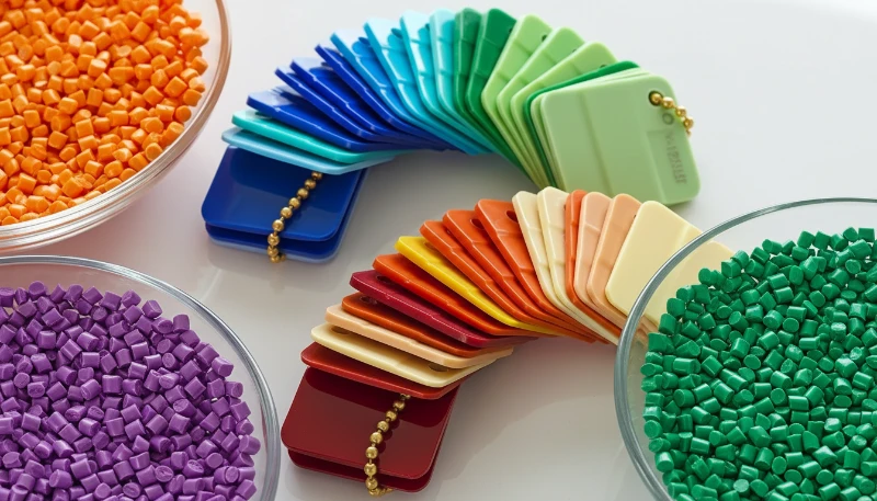 Plastic pellets and color samples for injection molding material verification