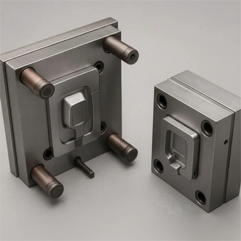 Close-up of metal precision injection mold tooling with detailed design, showcasing industrial engineering and manufacturing components.