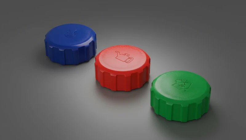 Red blue and green plastic caps