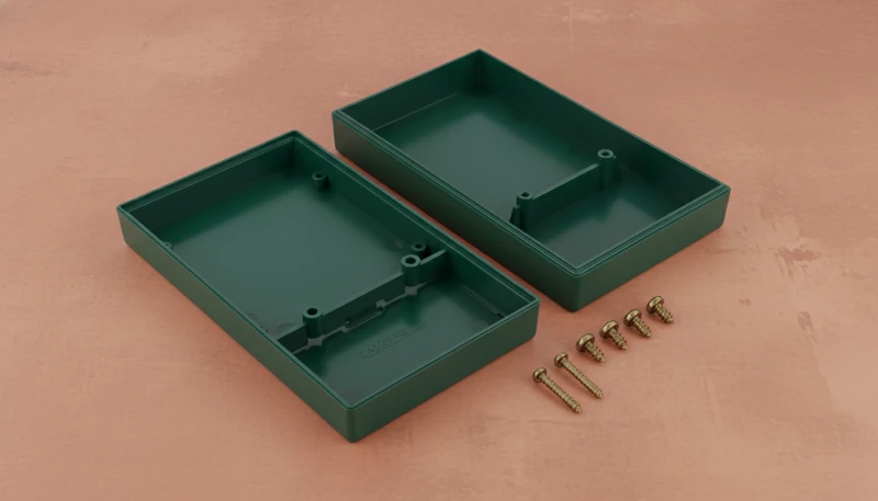 Injection-molded plastic enclosure case for electronics with EMI shielding features