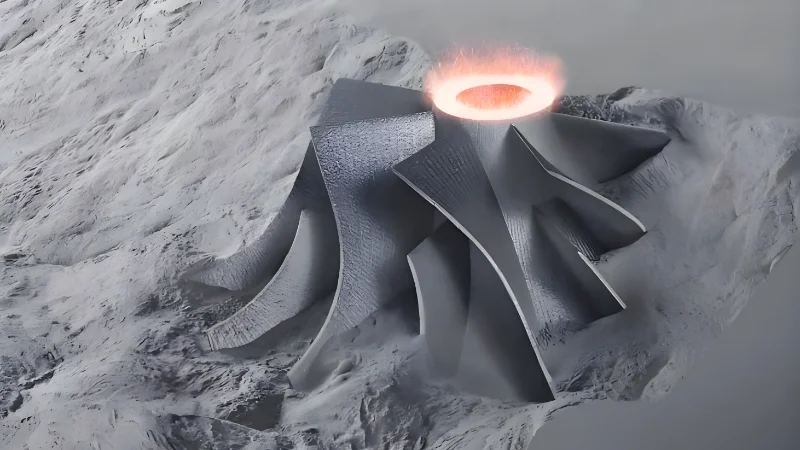 Ilustração 3D de uma estrutura vulcânica abstrata com topo de lava brilhante em uma paisagem nevada.