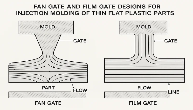 Projeto de porta em leque e porta em filme para peças plásticas planas finas mostrando distribuição uniforme do fluxo de plástico