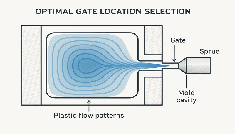 Diagrama mostrando a seleção da localização ideal da porta e os padrões de fluxo de plástico na cavidade do molde