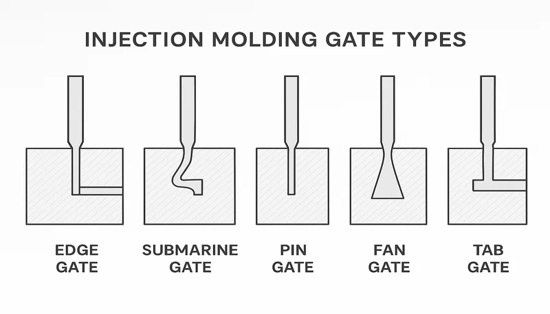 Diagrama comparativo dos tipos de porta de moldagem por injeção: lateral, submarina, de pino, em leque, de aba