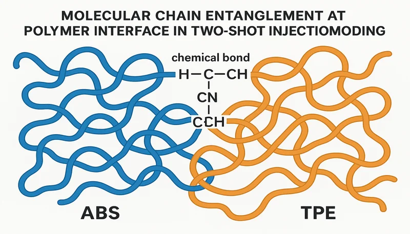 Diagramm der molekularen Bindung mit der Verschlaufung von Polymerketten an der Grenzfläche beim Umspritzen
