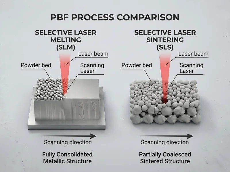 Comparação dos processos de Fusão Seletiva a Laser e Sinterização Seletiva a Laser, destacando diferenças estruturais.