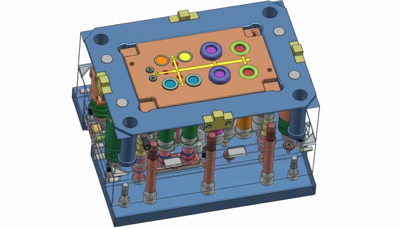 Birden fazla farklı göze sahip aile enjeksiyon kalıbının 3D CAD montajı