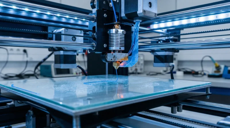 Primer plano de una impresora 3D en funcionamiento, extruyendo material sobre una plataforma de vidrio en un laboratorio.