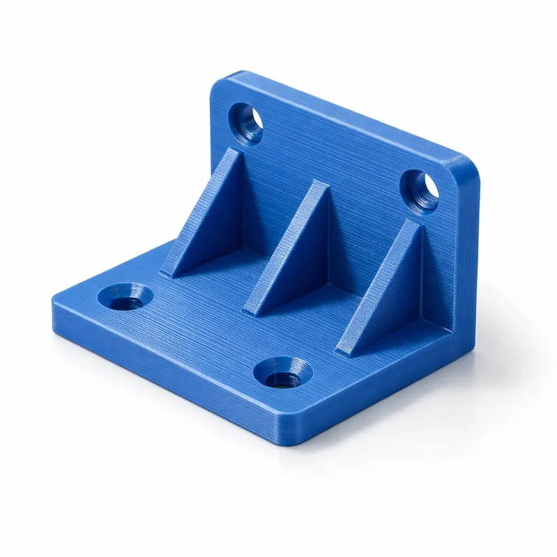 Soporte angular de plástico azul con tres orificios de montaje para soporte estructural.