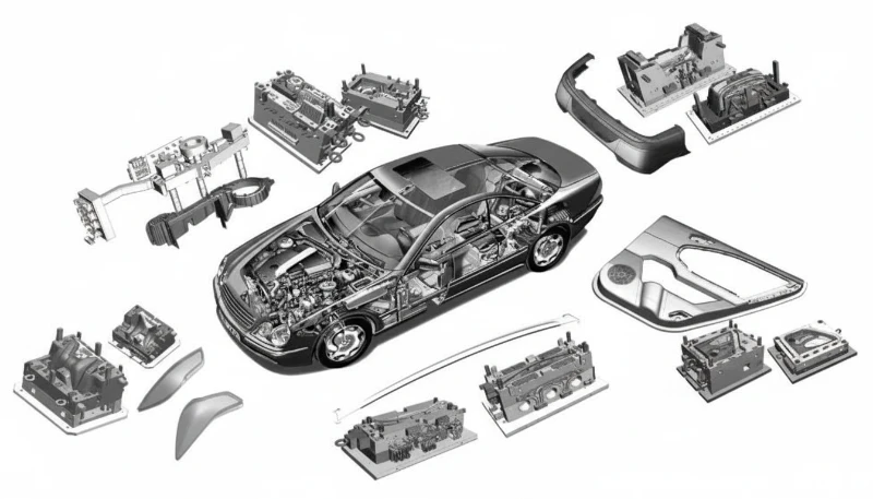 Car with injection mold components for automotive parts