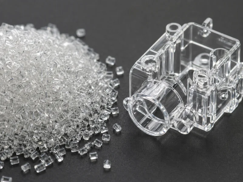 暗い表面に置かれた精密成形の透明プラスチック部品の横に、透明なプラスチックペレットが積まれています。