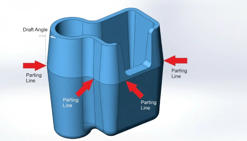 Injection mold design showing parting lines