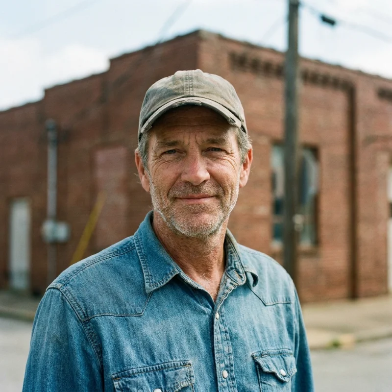 Man wearing a denim shirt and cap standing in front of a brick building outdoors.