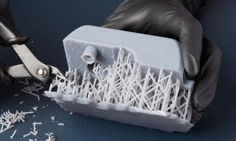 Trabajador que utiliza tijeras para eliminar el exceso de material plástico de una pieza creada mediante moldeo por inyección.