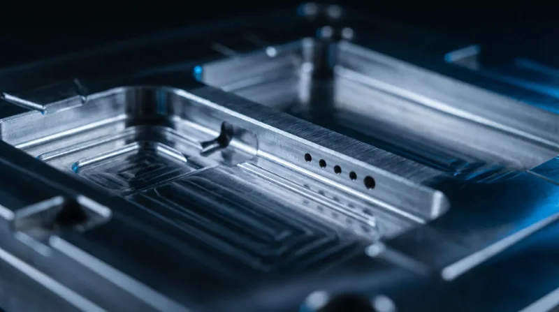 Close-up of a detailed, precision-engineered injection mold with intricate metal design and smooth finish.
