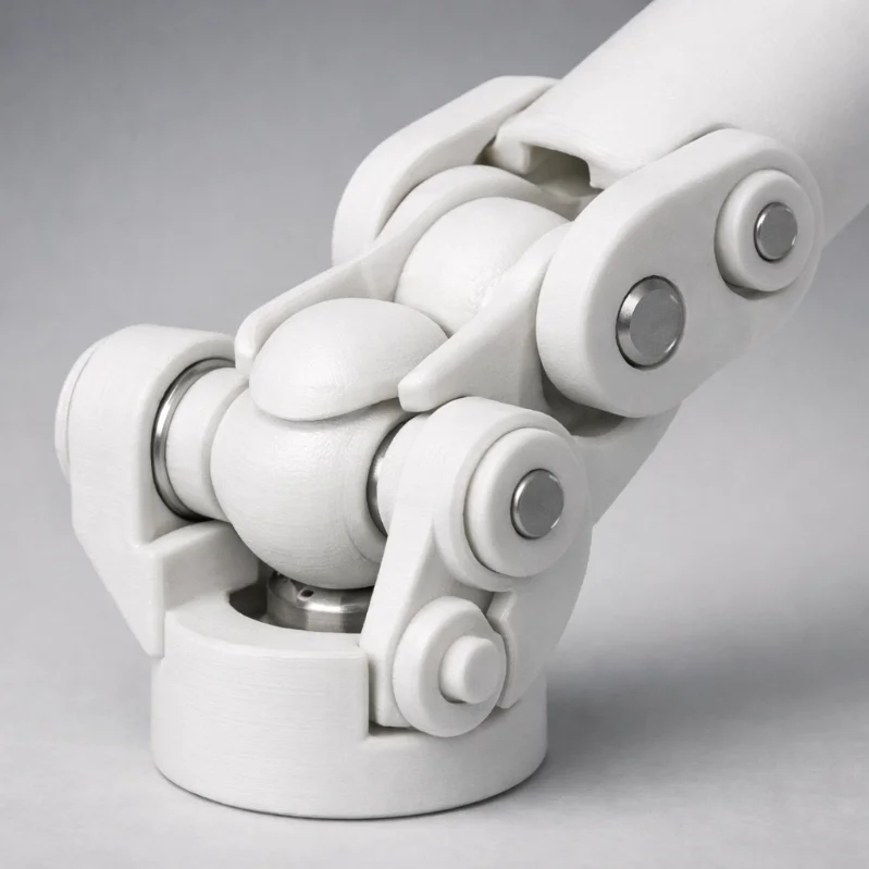 Imagen de primer plano de una articulación robótica blanca con componentes mecánicos complejos.