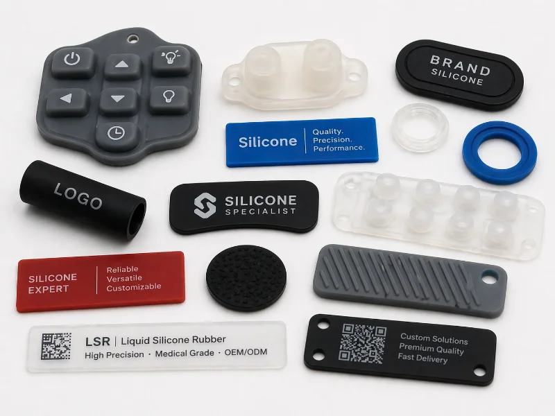 Various silicone products like seals, custom badges, showcasing versatility in design and functionality.