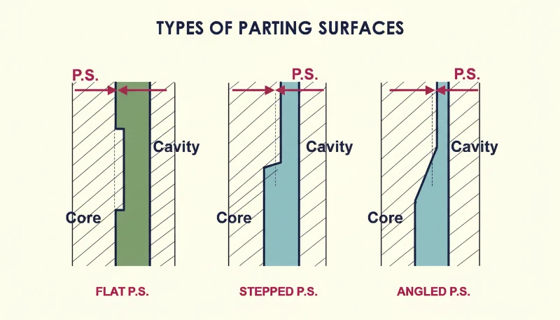Types of parting surfaces in injection molding