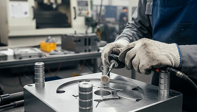 Mold craftsman operating precision CNC equipment for injection mold manufacturing