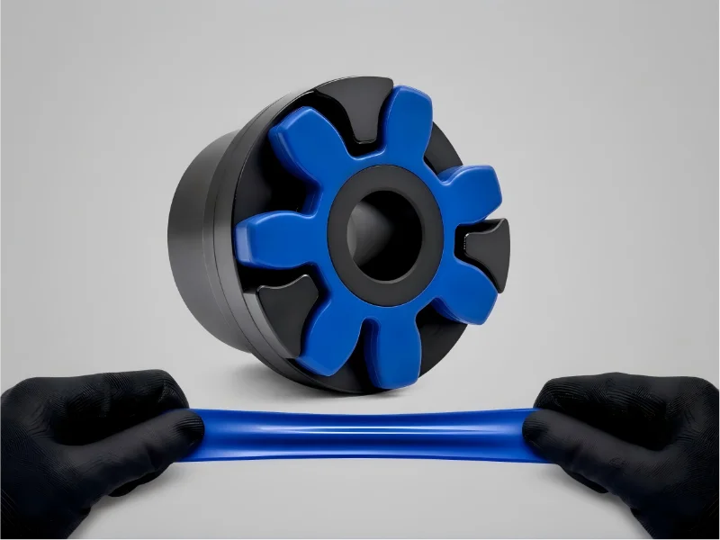 Black and blue gear-shaped molded part next to blue flexible material held by gloved hands demonstrating durability.