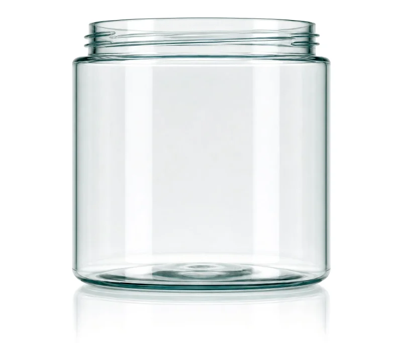 Contenitore in plastica trasparente con design del coperchio filettato, adatto per lo stoccaggio e l'imballaggio.