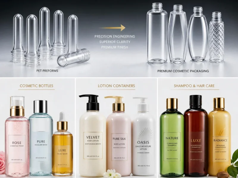 Imballaggi cosmetici, tra cui preforme in PET, flaconi per lozioni, contenitori per shampoo e flaconi per la cura della pelle, che enfatizzano il design preciso e la chiarezza.