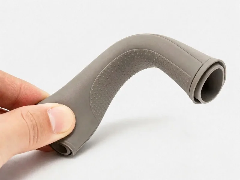 Hand holding a flexible, gray plastic molded part with textured grip design.