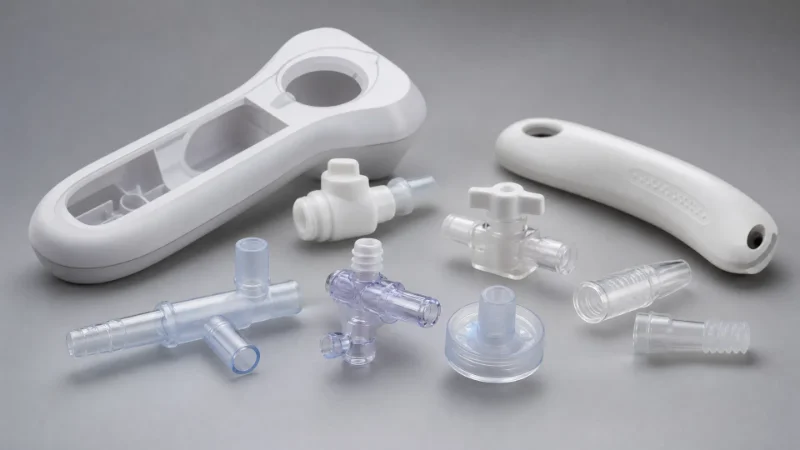 Gri arka planda bağlantı parçaları, kulplar ve valfler gibi çeşitli tıbbi sınıf plastik enjeksiyonla kalıplanmış parçalar.