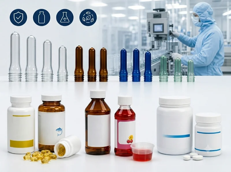 Varie bottiglie e contenitori con imballaggio medico in una camera bianca con macchinari operativi da parte di tecnici.