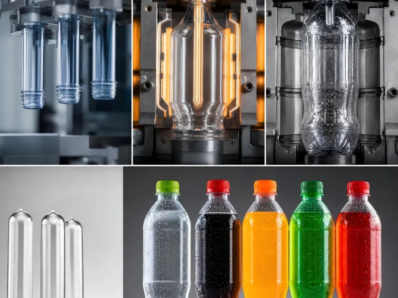 Processo di produzione di bottiglie di plastica, compresi preforme, riscaldamento, stampaggio e bottiglie colorate finite.