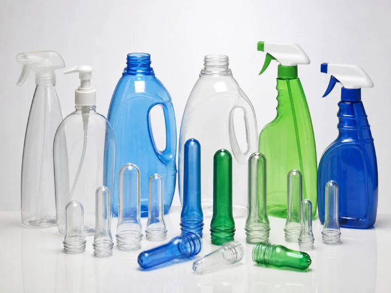 Preforme in plastica e bottiglie finite per l'imballaggio nei colori blu, verde e trasparente, che rappresentano la tecnologia dello stampaggio a iniezione.